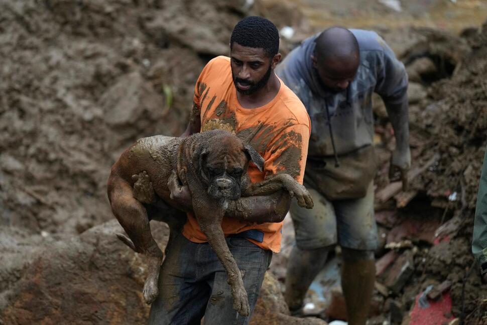 A man carries a dog rescued from a residential area destroyed by landslides